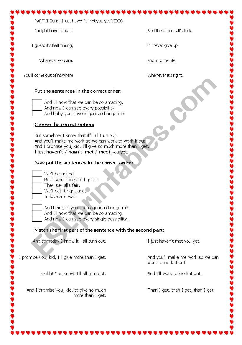 I JUST HAVEN`T MET YOU YET worksheet